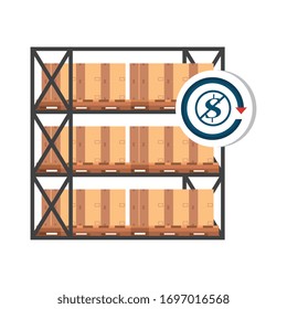 warehouse metal shelving with boxes and dollar symbol in forbidden sign vector illustration design - Shutterstock ID 1697016568