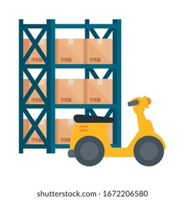 warehouse metal shelving with boxes and scooter vector illustration design