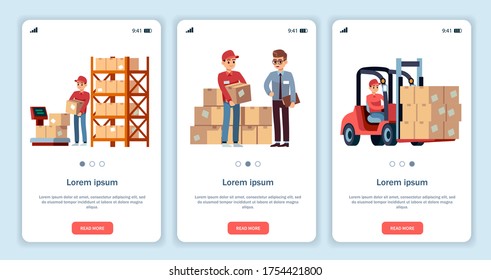 Warehouse for mobile app. Logistic theme transportation and forklift, truck delivery loader with boxes, isolated vector flat template websites set