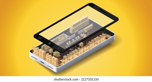 Warehouse in mobile. Concept of checking parcels through Application in the smartphone.Online delivery transport logistics service. Warehouse factory express delivery box.
