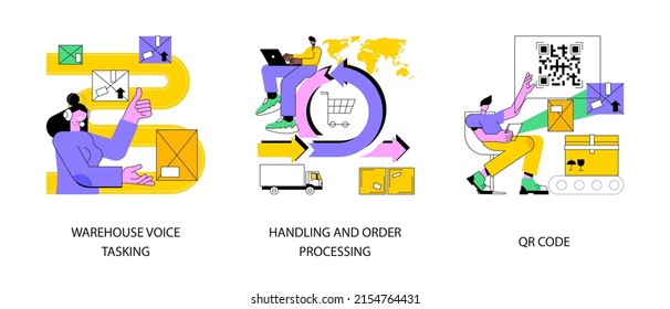 Warehouse Modern Technology Abstract Concept Vector Illustration Set. Warehouse Voice Tasking, Handling And Order Processing, QR Code, Automated Operations, Order Documentation Abstract Metaphor.