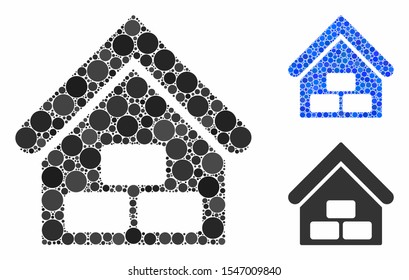 Warehouse mosaic of circle elements in various sizes and shades, based on warehouse icon. Vector circle elements are united into blue mosaic. Dotted warehouse icon in usual and blue versions.