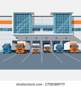 Warehouse with multiple trucks parked at loading docks, ready for transport of goods.