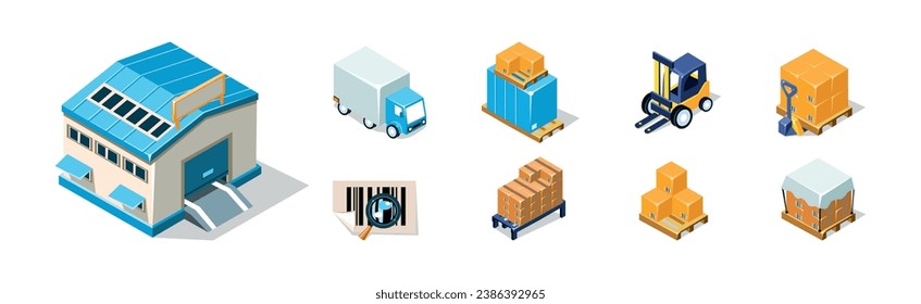 Warehouse Objects with House, Fork Lifter, Truck and Cardboard Box Isometric Vector Set