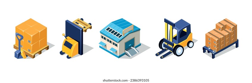 Warehouse Objects with House, Fork Lifter and Cardboard Box Isometric Vector Set