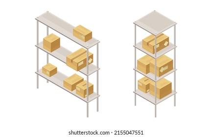 Warehouse objects set. Cardboard boxes on racks. Storage and logistic concept isometric vector illustration