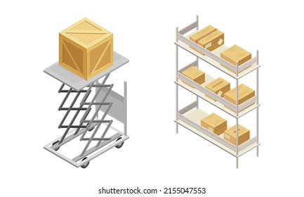 Warehouse objects set. Cardboard boxes on racks. isometric vector illustration