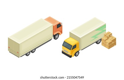 Warehouse objects set. Freight transport trucks. Storage and logistic concept isometric vector illustration