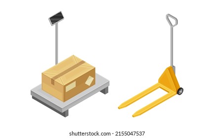 Warehouse objects set. Scales and forklift. Storage and logistic concept isometric vector illustration