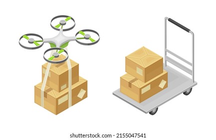 Warehouse objects set. Storage and delivery concept isometric vector illustration