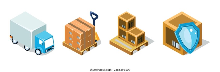 Objetos de almacén con Camión y Caja de cartón con conjunto de vectores isométricos Crates