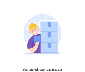 warehouse officer, warehouse administration, and inventory supervisor. stock opname. a worker records and writes the amount of inventory in the storage area. occupation. illustration concept design