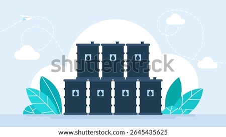 Warehouse of oil barrels. Fracking extraction production oil barrel petroleum. Black simple metal oil, fuel, gasoline Barrel set isolated on white background. Front View.  Vector illustration