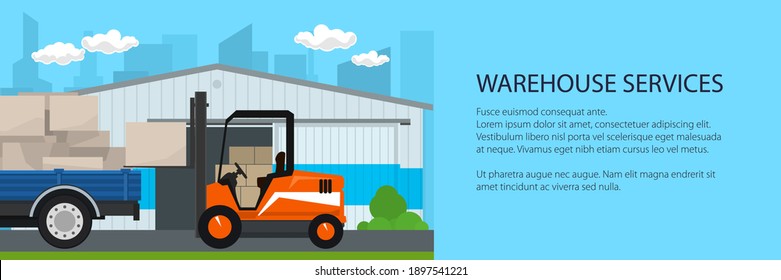 Warehouse on the background of the city banner , forklift truck and lorry with boxes , transportation and cargo services and storage, vector illustration