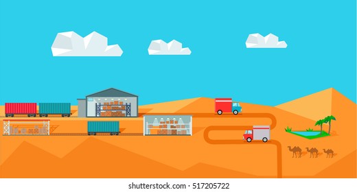 Warehouse on desert landscape. Warehouse interior, logisti and factory building exterior, business delivery, storage cargo vector illustration. Logistics and transportation of cargo.
