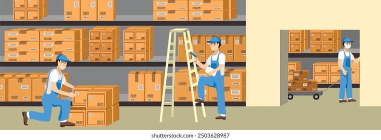 Warehouse operation vector illustration. Warehouse interior. Warehouse distribution. Warehouse man worker. Logistic activity. Logistics checking.