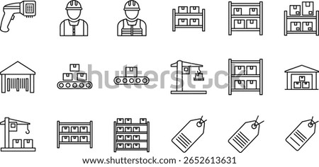 Warehouse operations equipment line icon set. Vector pictograms of barcode scanner, racking, shelving, conveyor, worker in safety vest, crane, label, thin