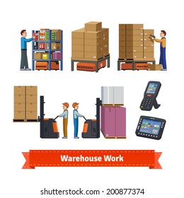 Warehouse operations, walkie forklifts, workers, robots. Flat icon illustration. EPS 10 vector.