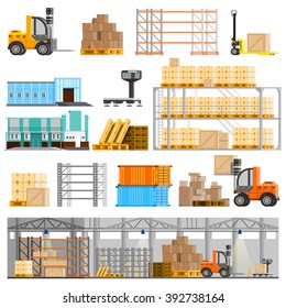 Warehouse orthogonal icons set with loader and cargo flat isolated vector illustration 