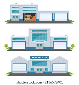 Warehouse out side. Big warehouse and transportation beside. Boxes on pallet shelves, work of warehouse. Vector illustration