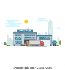 Warehouse out side. Big warehouse and transportation beside. Boxes on pallet shelves people loaders working of warehouse. Vector illustration