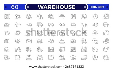 Warehouse Outline icon set featuring factory, conveyor belt, warehouse, and logistics symbols. Includes automation, transport, production, and manufacturing elements for supply chain, and industry.
