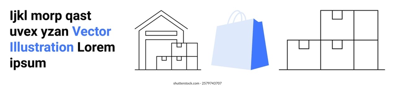 Warehouse outline with storage boxes and e-commerce shopping bag. Ideal for logistics e-commerce warehouse management supply chain online shopping. Landing page