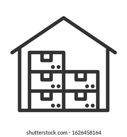 Warehouse outline vector icon isolated on white background. Warehouse with pile of parcel boxes inside. Outline vector illustration for web design and mobile app ui