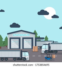 Warehouse outside industrial product transportation and storage, vector illustration. Forklift working with delivery carton box, cargo container and truck near metalic building, storehouse.