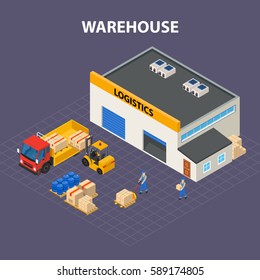 Warehouse outside isometric design concept with storage building and forklift loading goods in delivery truck vector illustration 