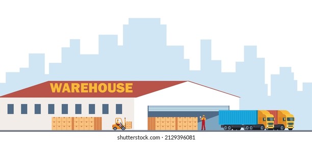 Warehouse, outside view. Warehouse facade, trucks, forklift, stacks of boxes, city in the background. Logistics concept Vector illustration