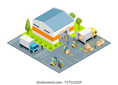 Warehouse outside view with parking places for trucks and loaders, workers and cargo, lawn isometric vector illustration