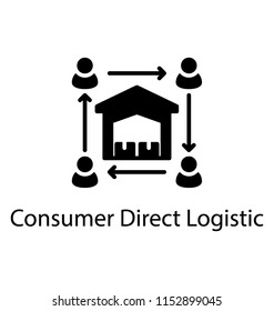
Warehouse with packages and arrows, each pointing to a  human avatar, a brief graphic for customer logistics 
