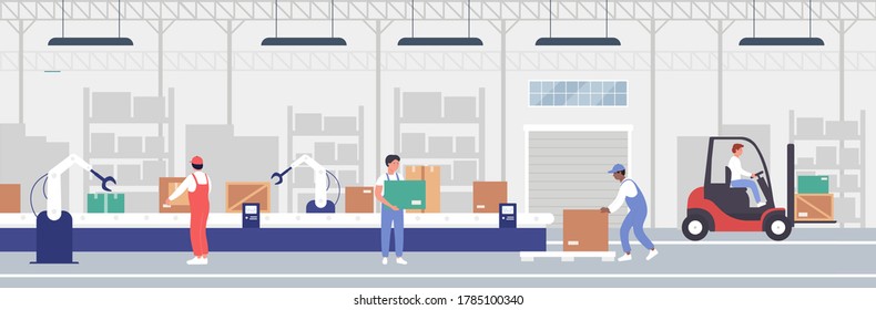 Warehouse Packaging Process Automation Vector Illustration. Cartoon Flat Worker People Working On Warehousing Conveyor Belt With Automatic Robot Arm Equipment To Assist In Loading Operation Background