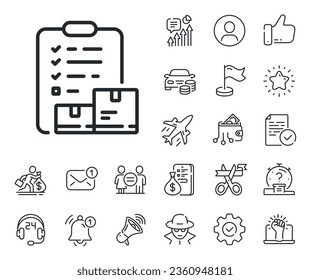 Warehouse pallet sign. Salaryman, gender equality and alert bell outline icons. Inventory checklist line icon. Wholesale goods symbol. Inventory checklist line sign. Vector