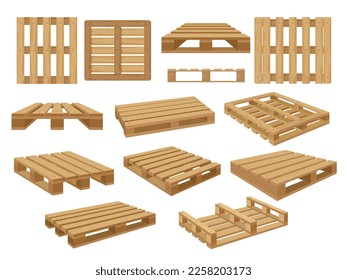 Palet de almacén. Contenedores de madera para apilar productos de compra ilustraciones vectoriales recientes aisladas