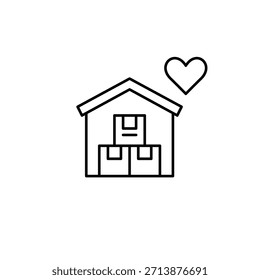Almacén con cajas de paquetería y corazón. Entrega con cuidado. Envío lleno de amor. Icono de Vector de trazo perfecto y editable