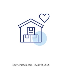 Warehouse with parcel boxes and heart. Delivery with care. Shipment packed with love. Pixel perfect, editable stroke vector icon