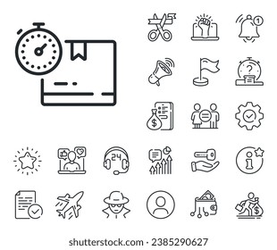 Warehouse parcel sign. Salaryman, gender equality and alert bell outline icons. Cardboard box line icon. Inventory package timer symbol. Cardboard box line sign. Vector