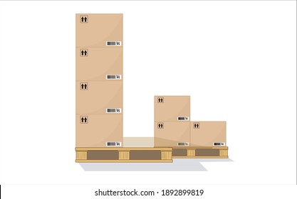 Warehouse parts box on wooden pallet vector illustration with shadow, cargo box cardboard barcode pictogram abstract ready for loading design isolated on white