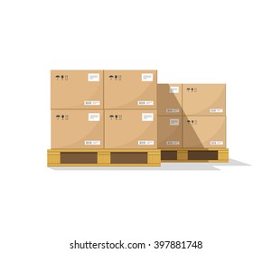 Warehouse parts boxes on wooden pallet vector illustration with shadow, cardboard cargo boxes, barcode, pictograms and abstract text stickers ready for loading, flat cartoon design isolated on white