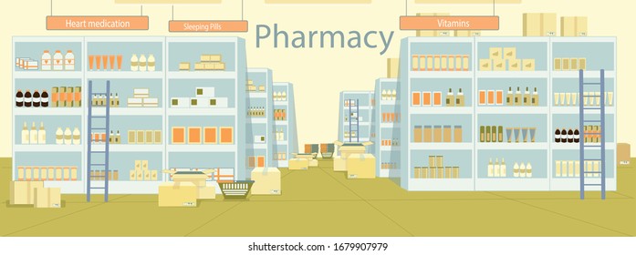 Warehouse Pharmacy Stock Store with Pill, Potion. High Shelf with Lot Pharmaceutical Product. Next to Rack there Ladder for Easy Work and Open Box with Medicament. Warehouse Space with Nameplate.