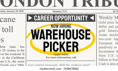 Warehouse Picker Career. Online Shop Fulfilment Center. Recruitment Offer - Job Ad. Newspaper Classified Ad Career Opportunity.