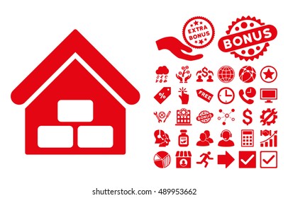 Warehouse pictograph with bonus clip art. Vector illustration style is flat iconic symbols, red color, white background.