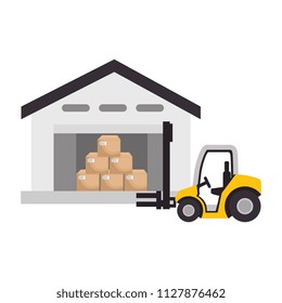 warehouse with pile boxes and forklift