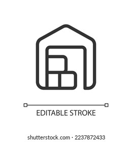 Warehouse pixel perfect linear ui icon. Postal storehouse. Logistics and distribution. GUI, UX design. Outline isolated user interface element for app and web. Editable stroke. Arial font used
