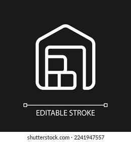 Warehouse pixel perfect white linear ui icon for dark theme. Postal storehouse. Vector line pictogram. Isolated user interface symbol for night mode. Editable stroke. Arial font used