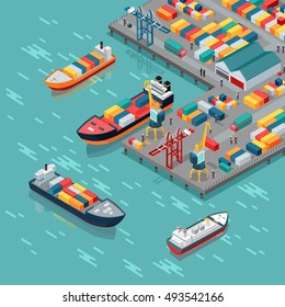 Warehouse port vector. Isometric projection. Ships with containers on the berth at the port, cranes, workers. cars, hangars ashore. Transatlantic carriage. For transport, delivery company landing page