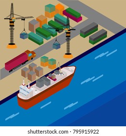 Warehouse port vector. Isometric projection. Ships with containers on the berth at the port, cranes, workers. cars, hangars ashore. Transatlantic carriage. 