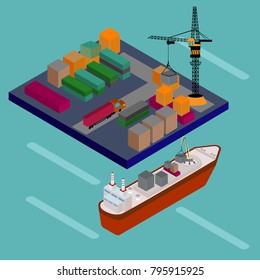 Warehouse port vector. Isometric projection. Ships with containers on the berth at the port, cranes, workers. cars, hangars ashore. Transatlantic carriage. 